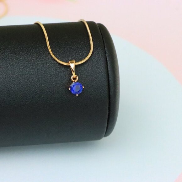 "Tiny Blue Stone Pendant in Gold Plated Brass – Elegant Minimal Detail, XPPT1762 - Picture 4 of 14